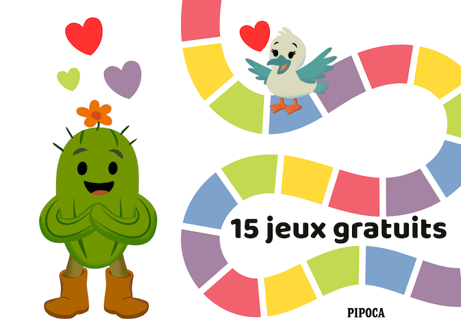 Illustration colorée et ludique de Gus le Cactus et Bibop avec l’inscription 15 jeux gratuits pour enfants